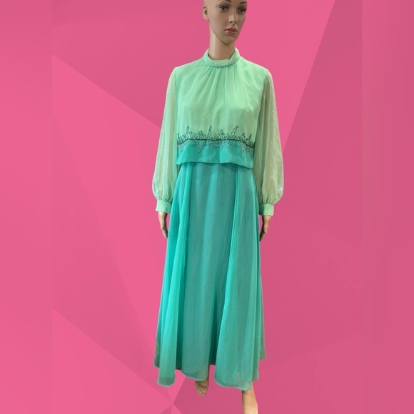 Vintage Union made  chiffon hostess Maxi Dress in Teal-M - Picture 1 of 12